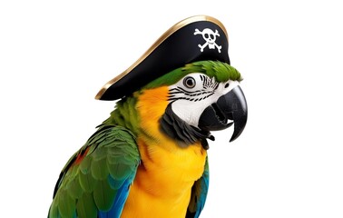 Photorealistic close-up of a parrot wearing a miniature pirate hat and eye patch, perched confidently on a white background."