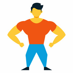 Powerful Muscular Cartoon Man With Orange Shirt And Blue Pants Illustration