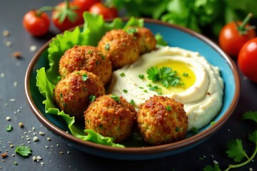 Fototapeta premium Falafel plate on blue ceramic bowl with creamy hummus dip surrounded by fresh veggies and herbs , plate, hummus