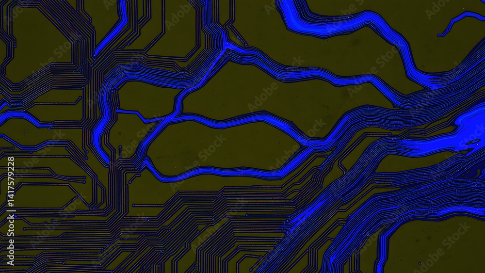 Poster microscopic view of circuit board reinterpreted as flowing cobalt rivers on obsidian, no recognizabl