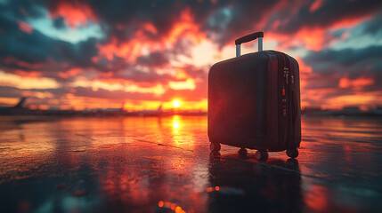 Stylish black suitcase at an airport terminal at sunset. ai generated
