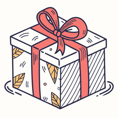 Doodle Style Gift Box Illustration With Leaves And Red Ribbon On Bright Background