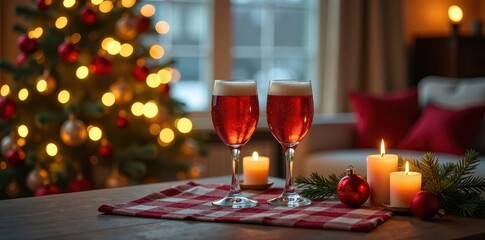 Festive Christmas drinks surrounded by holiday decorations in a cozy living room, decorations, christmas