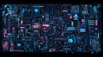 Fototapeta premium futuristic city map with vertical architecture, districts illuminated with neon, detailed layout of megastructures and tech zones