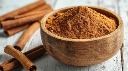 Wooden bowl of cinnamon powder alongside cinnamon sticks.