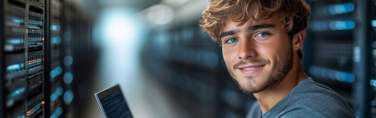 IT Professional in Server Room with Laptop and Server Racks