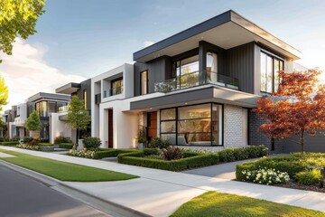Modern Sleek Two-Story Residence with Charcoal & White Exterior, Floor-to-Ceiling Windows, Sloped Roof, Vibrant Red Foliage Garden