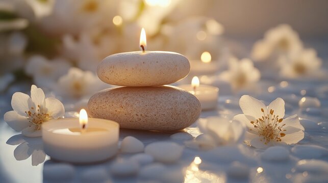 Tranquil spa setting with stacked stones and candles surrounded by delicate flowers and pebbles