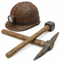 Rusty Mining Helmet and Pickaxe Tools Against White Background