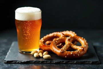 Lager beer, pretzels, pistachios, crisps on slate, cold, nuts
