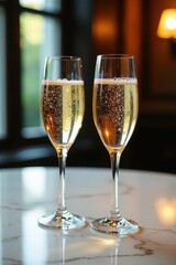 Fine crystal glasses filled with bubbly champagne on a elegant marble table, glass, table