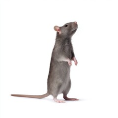 Gray rat standing upright looking up on white background