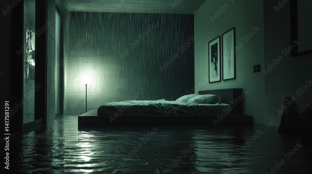 Poster close-up of a tranquil sleep room on a floating platform with emotional light rain creating a dreaml