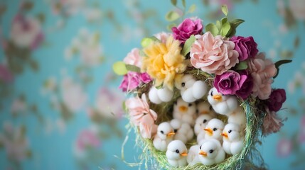 Child's homemade Easter bonnet with cotton ball chicks