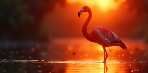 Flamingo silhouetted against warm golden light of dawn, nature, morning