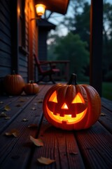 Obraz premium Flickering flame inside a jack-o'-lantern on a wooden porch at dusk, outdoor scene, eerie glow
