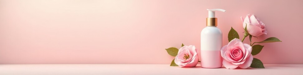 Pastel background, delicate rose & leaf adorned cosmetic bottle Fresh, elegant design , perfume, delicate, elegant