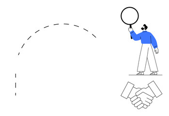 Man holding circular sign, dotted curved path, handshake icon symbolizing collaboration, direction, and agreement. Ideal for teamwork, growth, guidance, goals communication partnerships