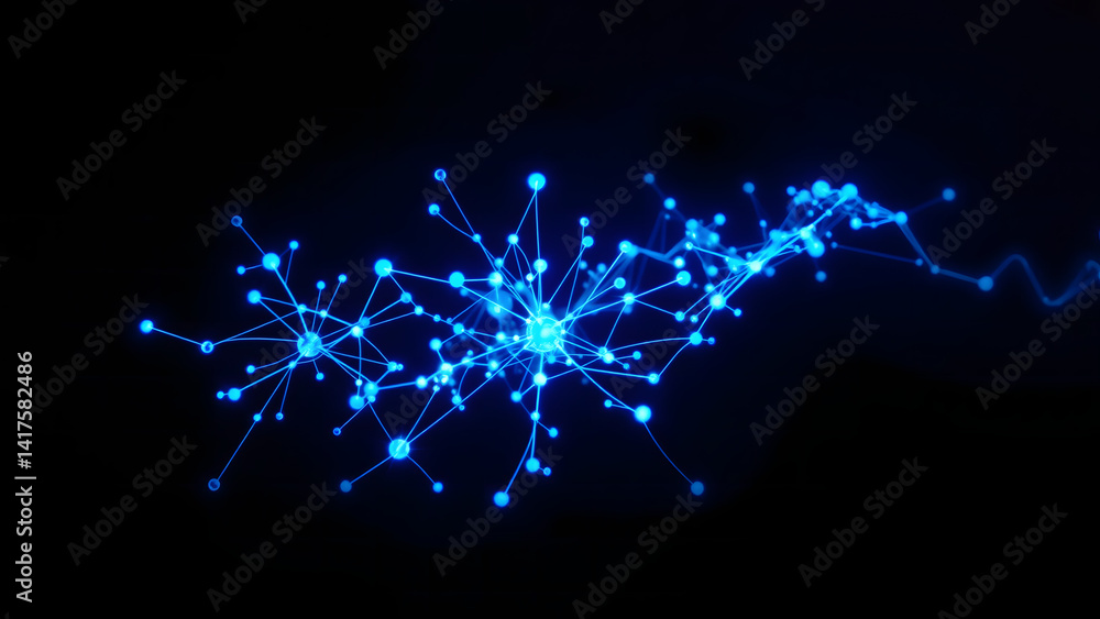 Poster biomorphic ai neural network in electric cobalt and navy, organic node connections resembling brain 