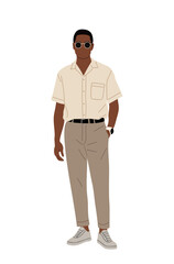 Black business man wearing summer smart casual office outfit. African american guy in tun pants and white shirt. Vector flat illustration isolated on transparent background