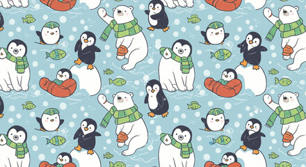 Penguins and Bears Winter Seamless Pattern Design for Kids