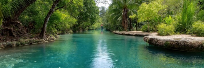 A stunning river flows through lush greenery, showcasing crystal clear waters surrounded by vibrant tropical foliage, perfect for relaxation and exploration.
