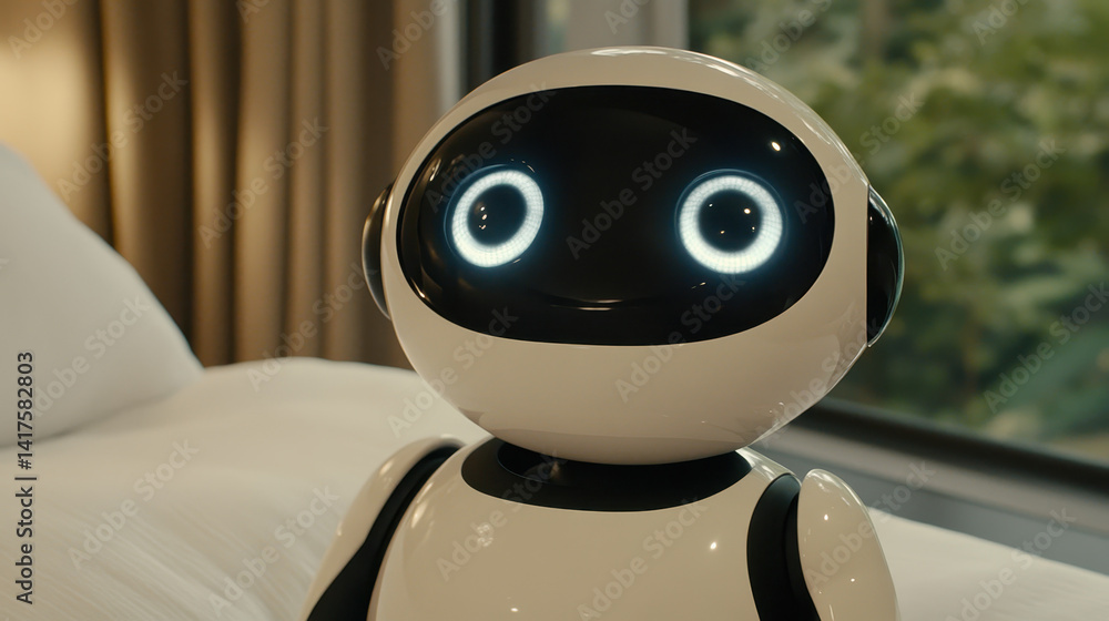 Poster soft glowing robot displays empathy while listening to a human in a futuristic environment during a 