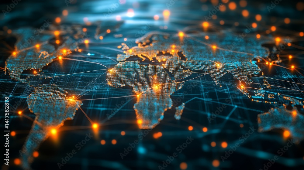 Poster global network map visualization digital world infographic technology aerial view data connectivity