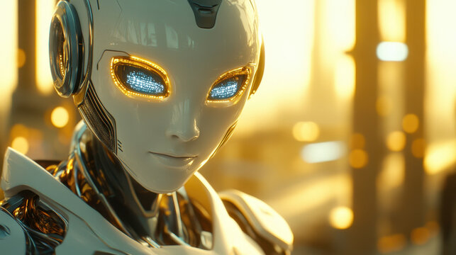 Soft glowing robot displays empathy while listening intently to a human, showcasing a futuristic yet approachable design in a serene setting