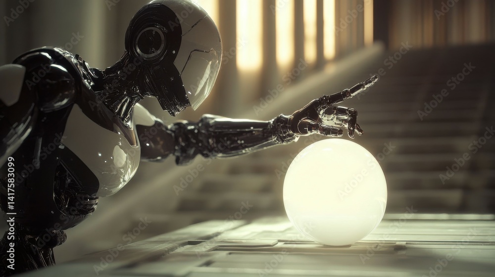 Poster a robot is pointing at a white object with its finger