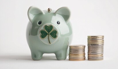 Cute piggy bank with shamrock and stacked coins on a white background