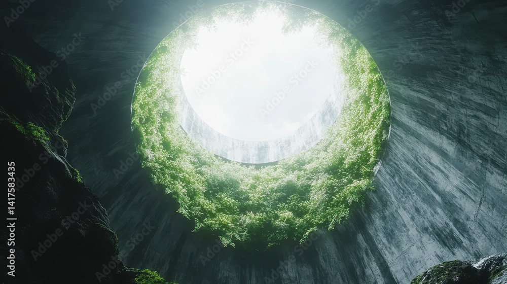 Poster close-up view of a subterranean ecological dome showcasing dense foliage and luminescent panels crea
