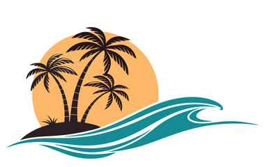Obraz premium Tropical Island Sunset Logo – Palm Trees and Ocean Wave Vector Design