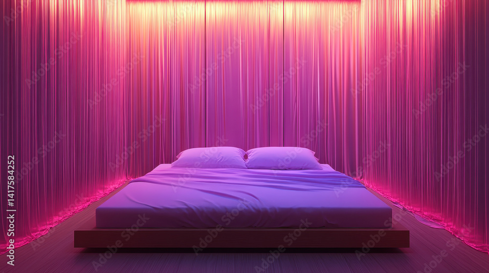 Poster suspended sleep space illuminated by dreamlight reflections and fluid code enveloping a tranquil and