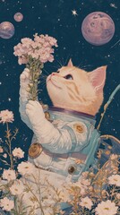 Astronaut cat gazing at the flowers in deep space dreamlike surrealism