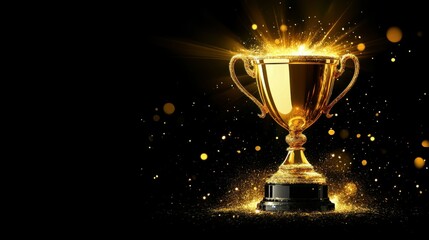 Glowing Gold Trophy Cup of Victory and Success in Spotlight on Black Background with Sparkling Particles Symbol of Excellence and Achievement