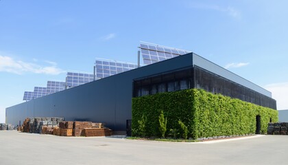 Obraz premium This striking photo clearly shows a modern eco-friendly waste recycling plant with solar panels and lush green walls, showcasing sustainable innovation for eco-conscious projects