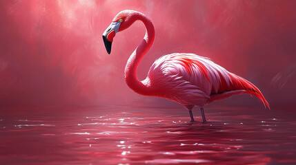 Flamingo standing gracefully in tranquil water during sunset with vibrant red hues in the background , flamingo, water, sunset, pink, reflection, nature, wildlife, bird