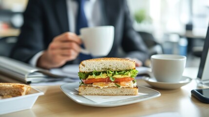 Business Lunch Break: Delicious Sandwich and Coffee