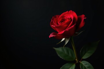 Fototapeta premium Single dark red rose, black backdrop, ample space , background, leaf