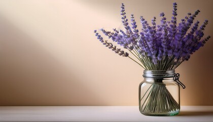 ベージュの背景に、透明感のあるガラス瓶に入ったラベンダーの花が、初夏の温かな空気を感じさせるシンプルで優雅な空間を演出するシーン。

