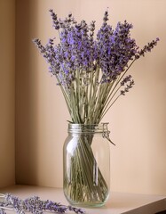 ベージュの背景に、透明感のあるガラス瓶に入ったラベンダーの花が、初夏の温かな空気を感じさせるシンプルで優雅な空間を演出するシーン。

