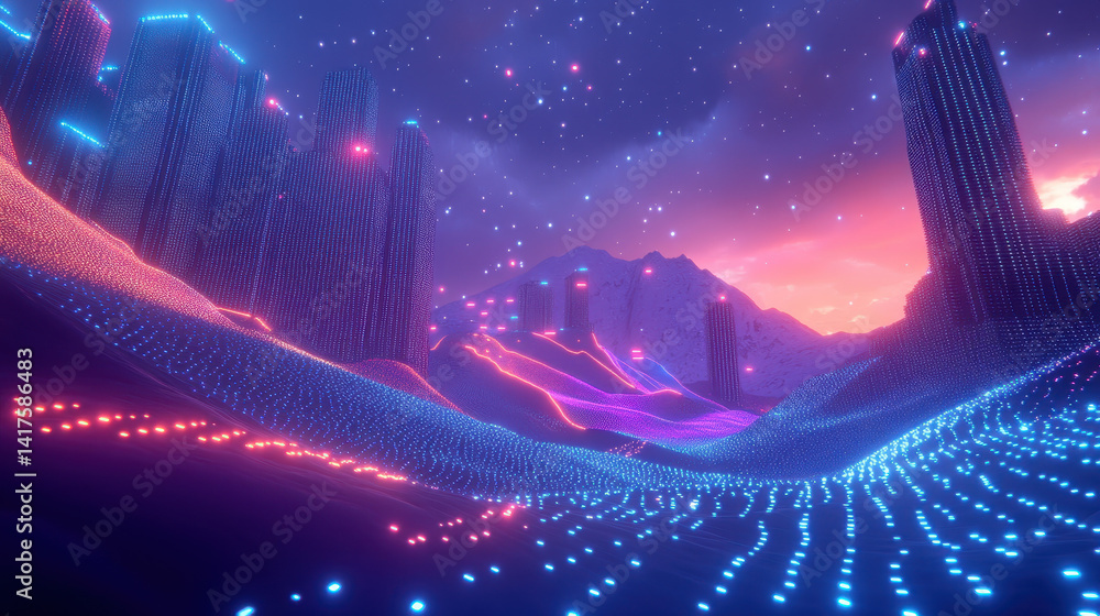 Poster exploration of a luminous virtual ecosystem featuring pixelated terrain and radiant data streams at 
