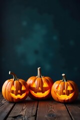 Smiling jack-o-lanterns on weathered wood, dark wall backdrop Happy Halloween theme , autumn, halloween decor