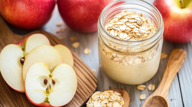 Apple overnight oats recipe healthy breakfast in a jar with fresh apples and wooden spoon closeup shot