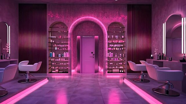 Modern salon interior with pink lighting, stylish chairs, and products