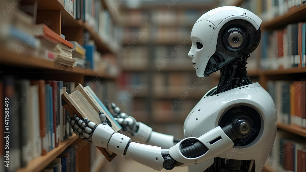 Poster a robot is sitting at a desk with a stack of books