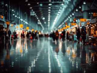 Obraz premium Blurred Airport Interior Background with Bokeh Lights and People, Featuring Defocused Foreground and Copy Space for Web Banner or Business Design