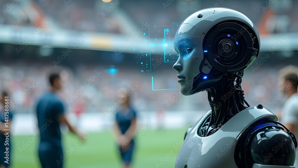 Poster a robot is standing on a field with a crowd of people around it