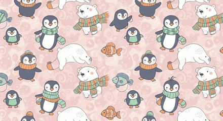 Cute Animals Seamless Pattern with Penguin and Bear